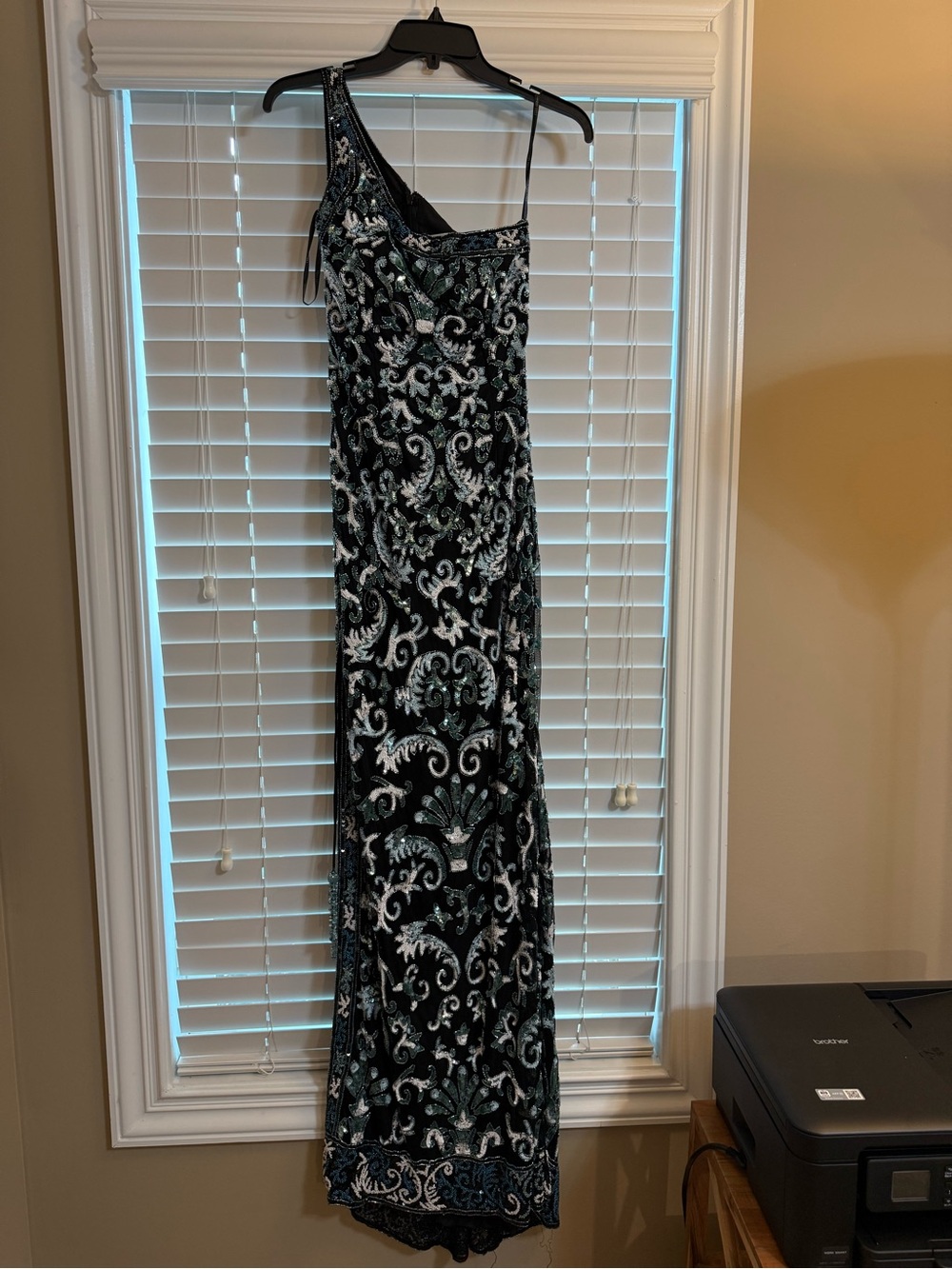 Sherri Hill Black Dress with Silver & Teal Embellishment One-Shoulder Gown